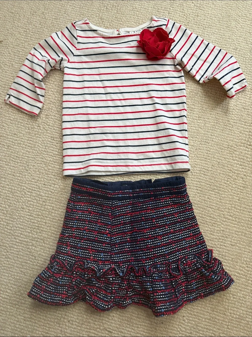 Janie and Jack Red, Navy & White Striped Top with Navy Ruffle Skirt